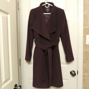 Anne Klein wool coat dress shawl collar wrap coat with belt burgundy/plum